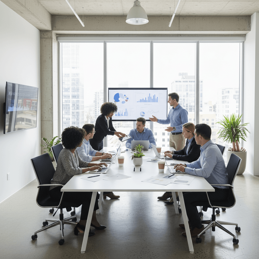 Diverse team collaborates in a bright, modern office around a conference table.