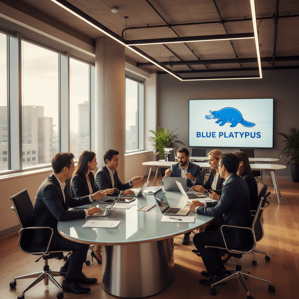 Diverse team collaborating at a modern conference table in a bright, open office
