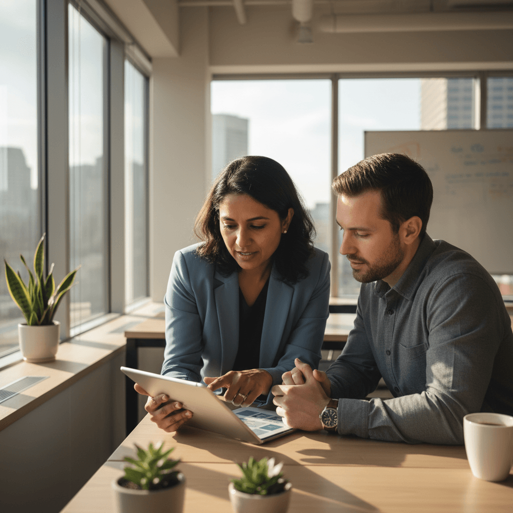 Two professionals reviewing assessment results on tablet in bright office