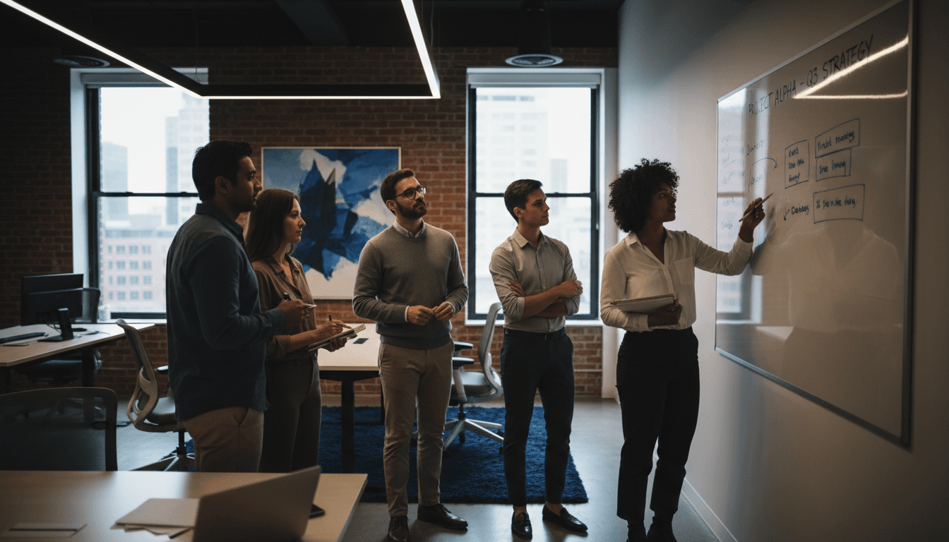 Team of operators collaborating on strategy