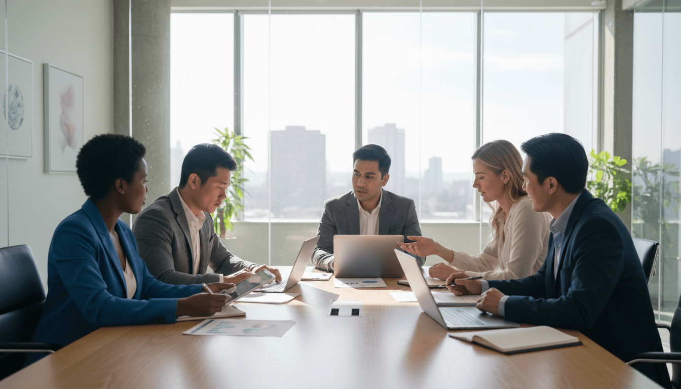 Diverse business team collaborating in a modern office with digital and paper materials.