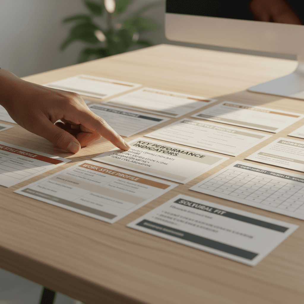 Assessment cards and cultural-fit matching materials laid out on desk