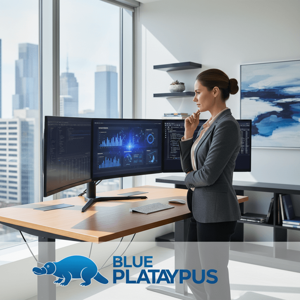 Fractional strategist analyzing data on multiple monitors at standing desk