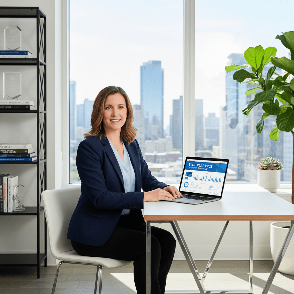 Megan Schlesinger, founder of Blue Platypus, in professional office setting