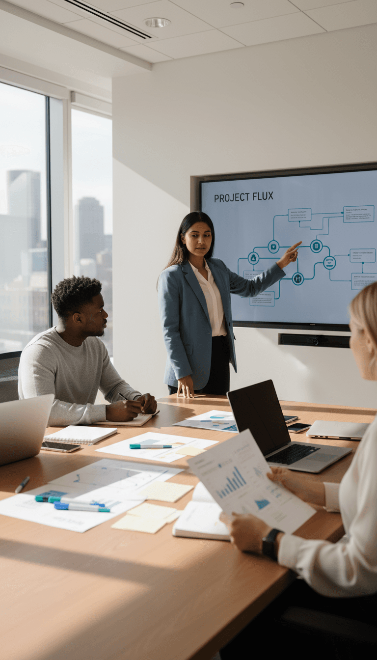 Diverse team of professionals collaborating on talent strategy in modern office setting